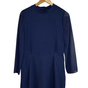 REISS Coralie Navy Blue Pleated Front Sheer Sleeve Dress UK 12 EU‎ 40 USA 8